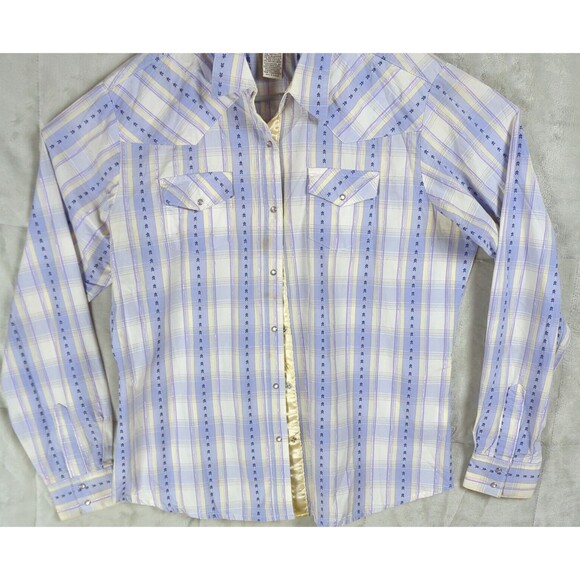 Wrangler Western Shirt Women's Purple Plaid Pearl Snaps Long Sleeve Rodeo Large - Picture 3 of 13